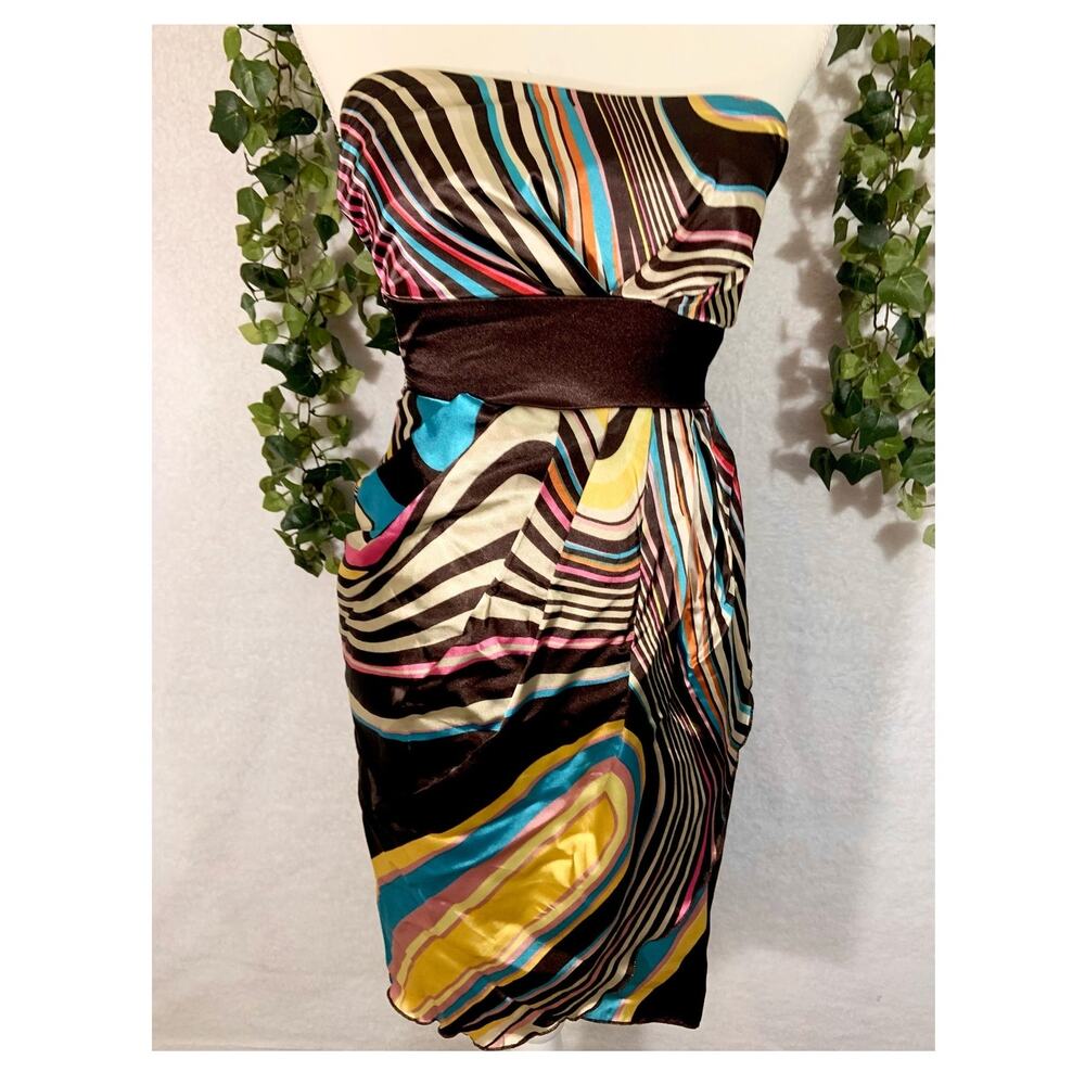 Y2K NWT Katydid Brown Colorful Swirl Strapless Mini Sheath Dress Women's Small